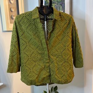 Zara Women's Green Eyelet 3/4 SleeveTop size L